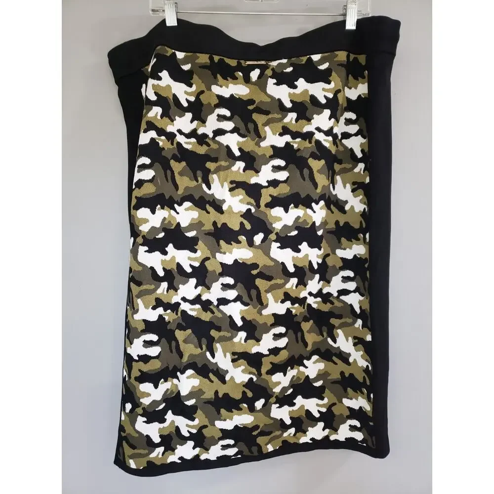 MICHAEL‎ KORS Camouflage black green white straight pencil midi pull on skirt 2X